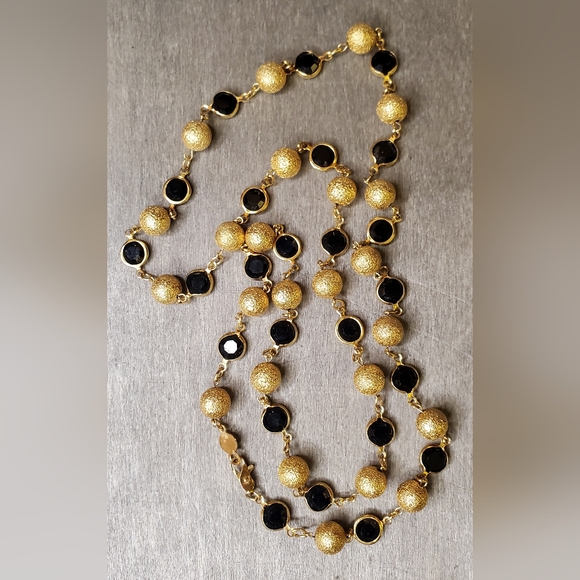 Austrian Crystal Open Back Bezel Necklace Black Gold Vintage Estate - Picture 10 of 10